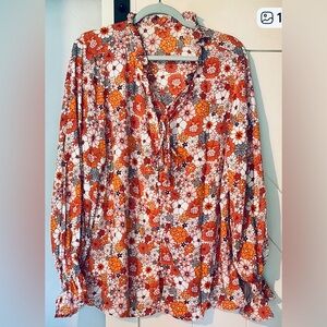 Boho Orange Ruffled Long Sleeve Blouse with Mandarin Collar